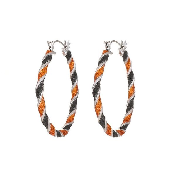 Halloween Earrings Black & Orange Glitter Silver Twist Hoop 1 1/2" - Picture 1 of 4
